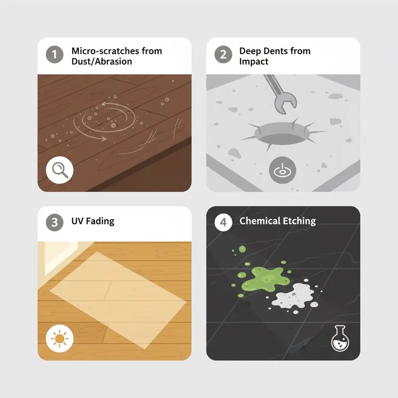 An illustrative infographic-style image depicting various types of floor damage. Show distinct sections for: 1) Micro-scratches from dust/abrasion (magnified view of tiny particles on a surface), 2) Deep dents from impact (a dropped object creating a clear dent), 3) UV fading (a sunbeam hitting a floor, showing a faded patch where a rug was), and 4) Chemical etching (a drop of harsh cleaner leaving a mark). Use clear icons or subtle visual cues for each type. Style: clean, modern flat design with subtle textures, informative.