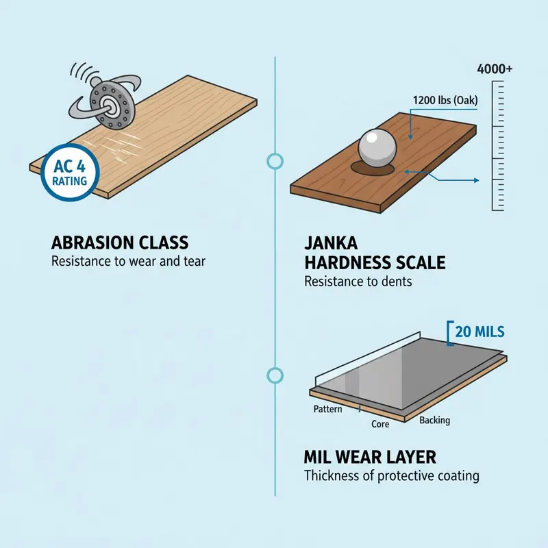 An infographic-style illustration presenting three key flooring durability metrics. Each metric should have a distinct, modern icon and a visual representation: 1. AC Rating: A stylized gear or shield with 'AC' and levels (AC4, AC5) indicating abrasion resistance, possibly with a tiny, stylized sandpaper texture being repelled. 2. PEI Rating: A ceramic tile with 'PEI' and a foot icon or a weight dropping on it, showing impact and surface wear resistance. 3. Janka Hardness: A cross-section of wood with a steel ball indenting it, showing the 'Janka' scale and a numerical value. The overall style should be clean, modern, and informative, using a consistent, professional color palette.
