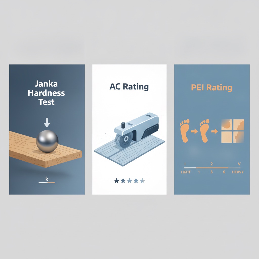 Infographic illustrating three key flooring durability ratings: Janka Hardness Test for wood, AC Rating for laminate, and PEI Rating for tile.
