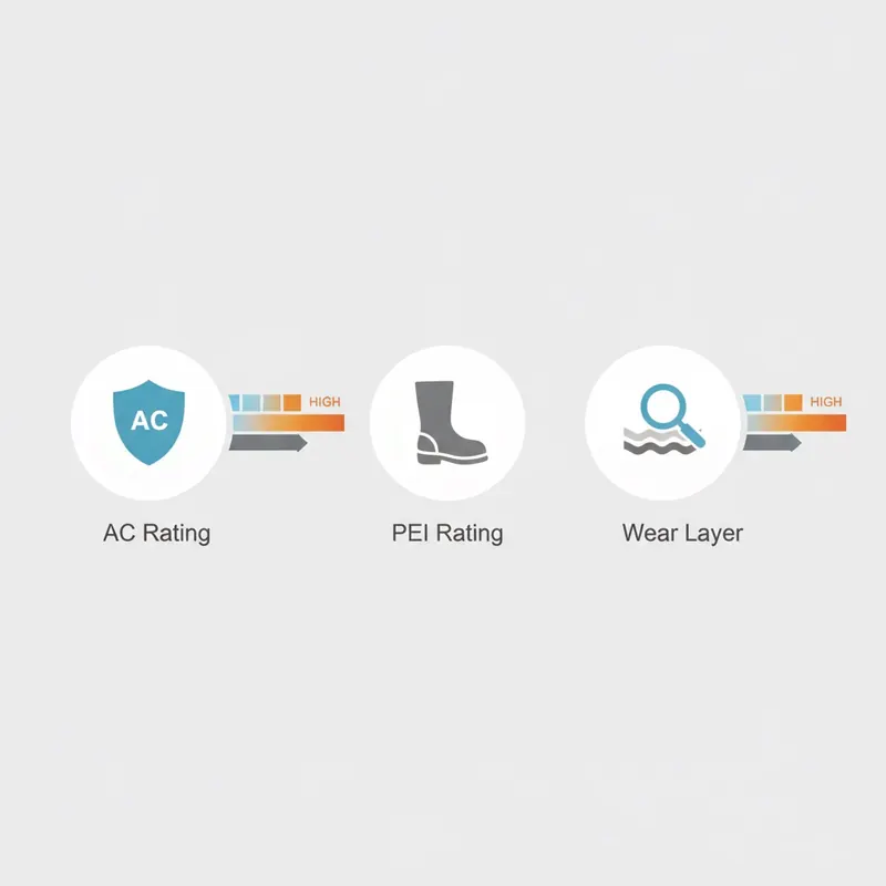 Infographic showing key flooring durability specs: AC Rating shield, PEI Rating boot print, and Wear Layer magnifying glass icons.