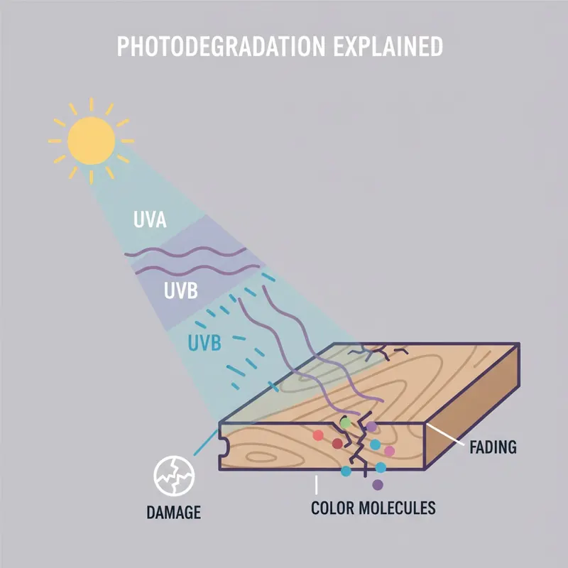 An infographic illustrating how UVA and UVB rays from the sun penetrate a flooring plank, with UVA rays breaking down color molecules deep inside and UVB rays damaging the surface.