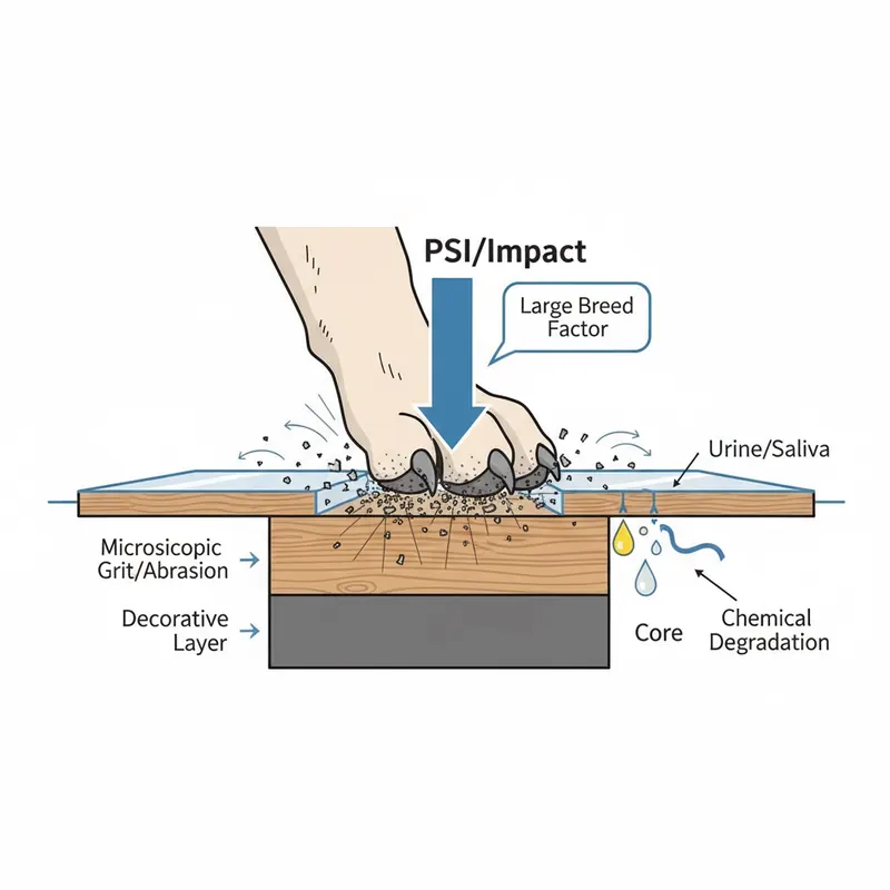 A detailed cross-section illustration of a floor with a dog's paw, highlighting PSI/Impact, Microscopic Grit/Abrasion, and Chemical Degradation as damage mechanisms.