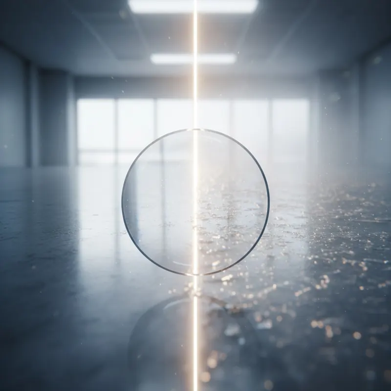 Macro illustration of an adamantine floor surface, showing one half perfectly reflective and shiny, and the other half covered in a translucent film causing light to scatter and appear dull.