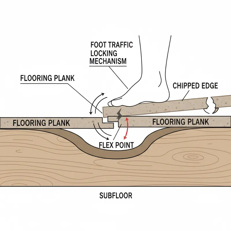 A technical diagram showing a flooring plank flexing and chipping over an uneven subfloor, stressing the locking mechanism under foot traffic.