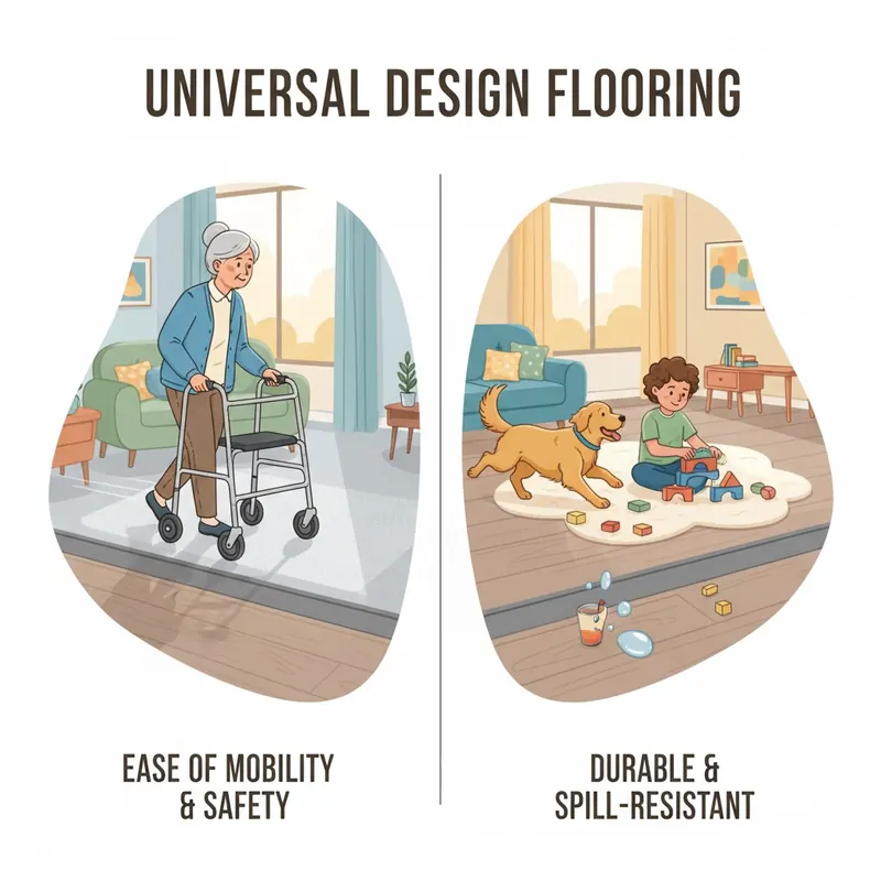 A split-scene or composite illustration demonstrating universal design principles for multi-generational flooring. On one side, show an elderly person smoothly gliding a walker over a seamless, ADA-compliant transition strip between two different flooring types (e.g., LVP and a low-pile carpet). On the other side, show a child playing and a pet running on a durable, spill-resistant LVP surface. The overall image emphasizes safety, ease of mobility, and robust durability. Style: friendly, modern illustration, clear lines, focus on accessibility and practical use.