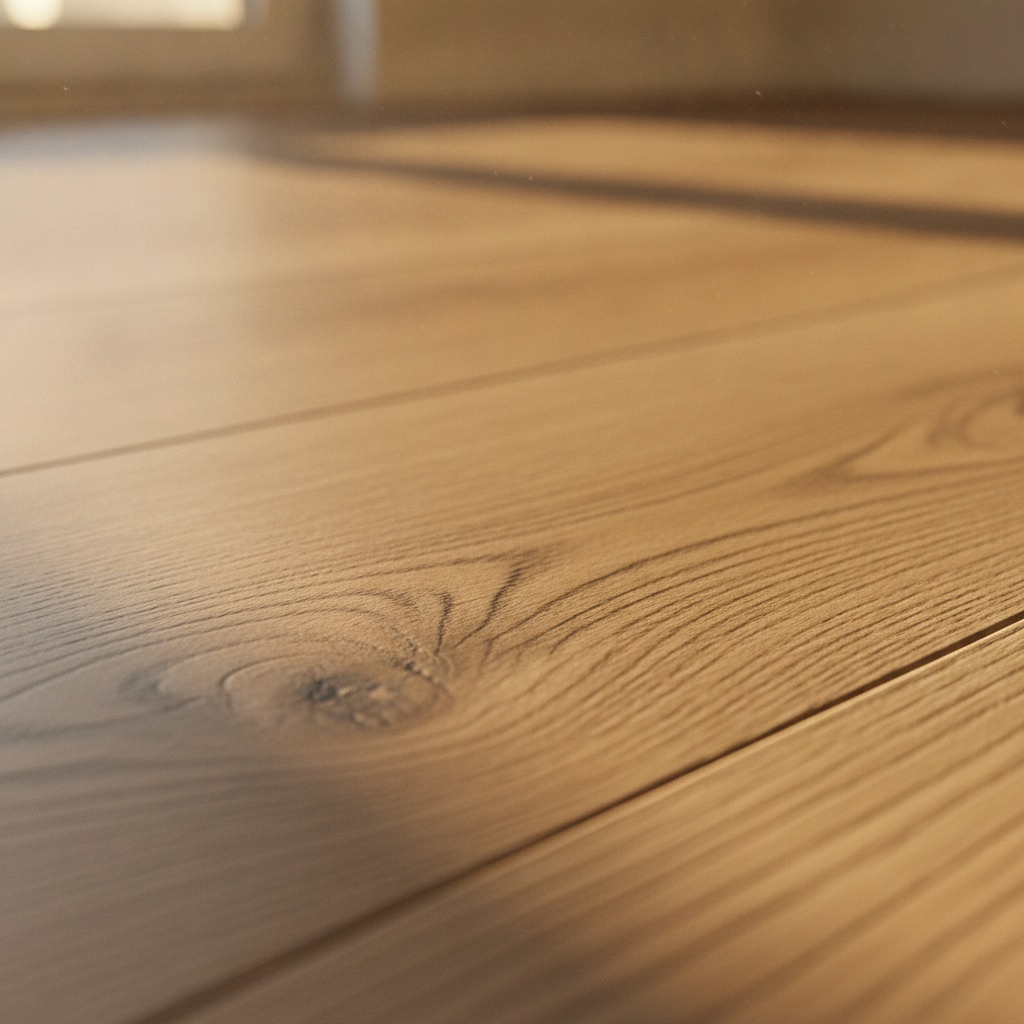 A close-up, low-angle photo of a flooring plank highlighting the realistic, deep texture of the Embossed in Register wood grain which matches the printed pattern.
