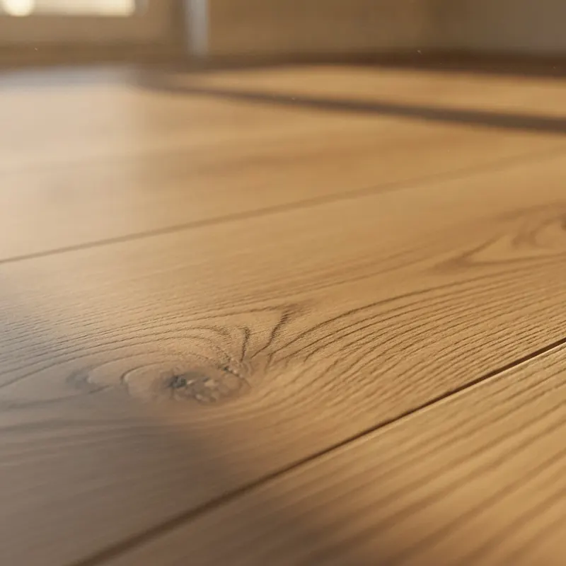 A close-up, low-angle photo of a flooring plank highlighting the realistic, deep texture of the Embossed in Register wood grain which matches the printed pattern.