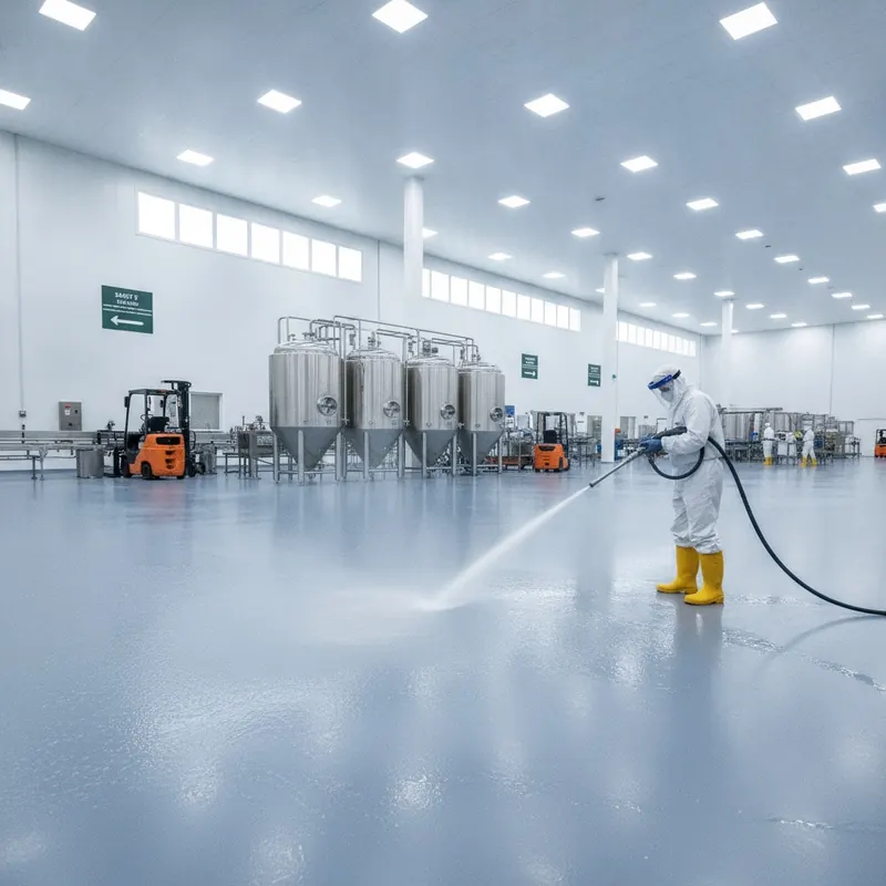A wide-angle, cinematic shot of a modern, well-lit food and beverage processing facility with a seamless, matte-finish urethane cement floor. An employee in protective gear is using a high-pressure hot water hose to wash down the floor near stainless steel vats. The floor is visibly repelling the water, and there is no sign of damage, showcasing its thermal shock and chemical resistance. The overall atmosphere is clean, safe, and efficient.