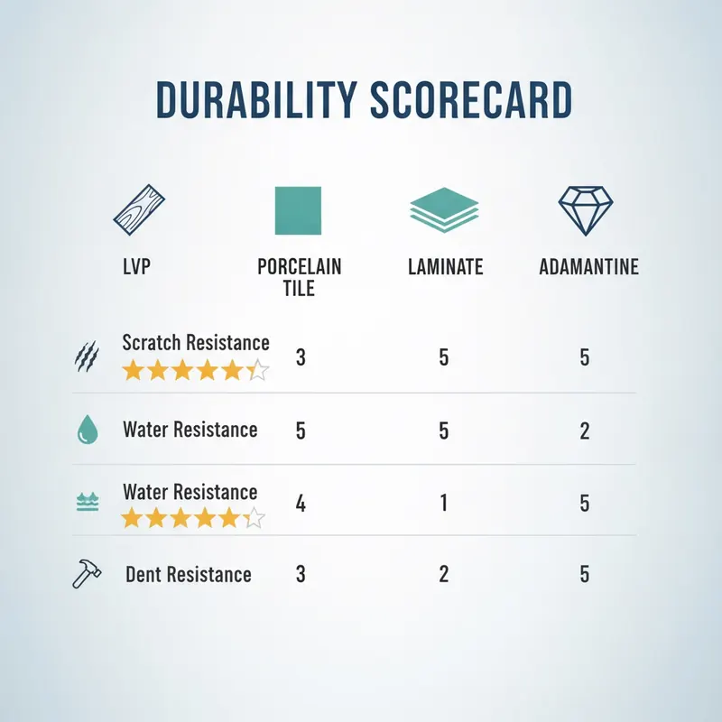 A visually engaging graphic that presents the 'Durability Scorecard'. It features four columns for 'LVP', 'Porcelain Tile', 'Laminate', and 'Adamantine'. Each column has clear, simple icons and a 5-star rating system for 'Scratch Resistance', 'Water Resistance', and 'Dent Resistance'. The design is clean, using a modern color palette to make the comparison easy to digest at a glance. Style: graphic design, data visualization, clean and modern.