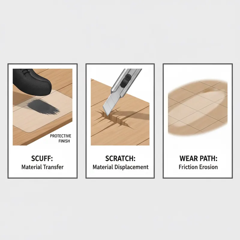 An infographic showing the difference between a scuff (material transfer on top of the floor), a scratch (a physical gouge into the floor), and a wear path (erosion from friction).