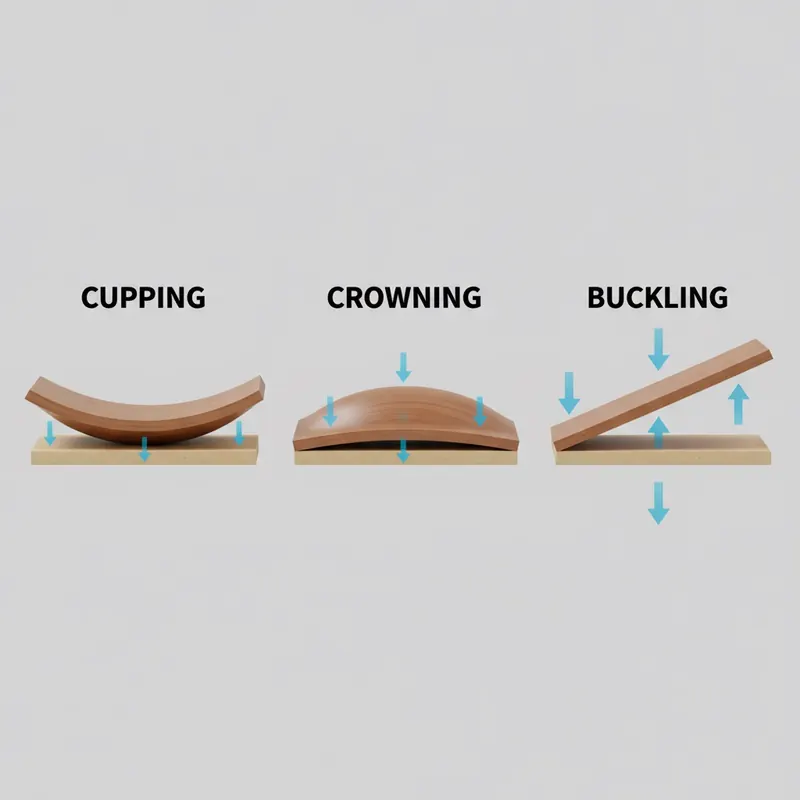 A 3D diagram illustrating the difference between cupping, crowning, and buckling in floor planks. Cupping shows edges curled up, crowning shows the center raised, and buckling shows the plank lifted entirely off the subfloor.
