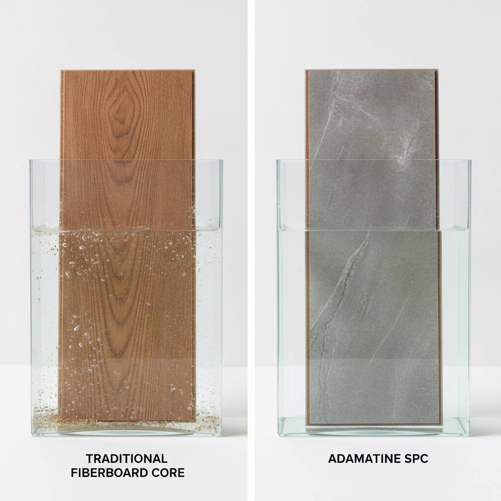 A powerful side-by-side comparison image. On the left, a piece of a traditional fiberboard-core floor plank is submerged in a clear container of water, showing it swollen, frayed, and disintegrating. On the right, a sleek piece of Adamantine SPC flooring is in an identical container, remaining perfectly straight, solid, and unaffected by the water. Style: clean studio product shot, stark contrast, educational.