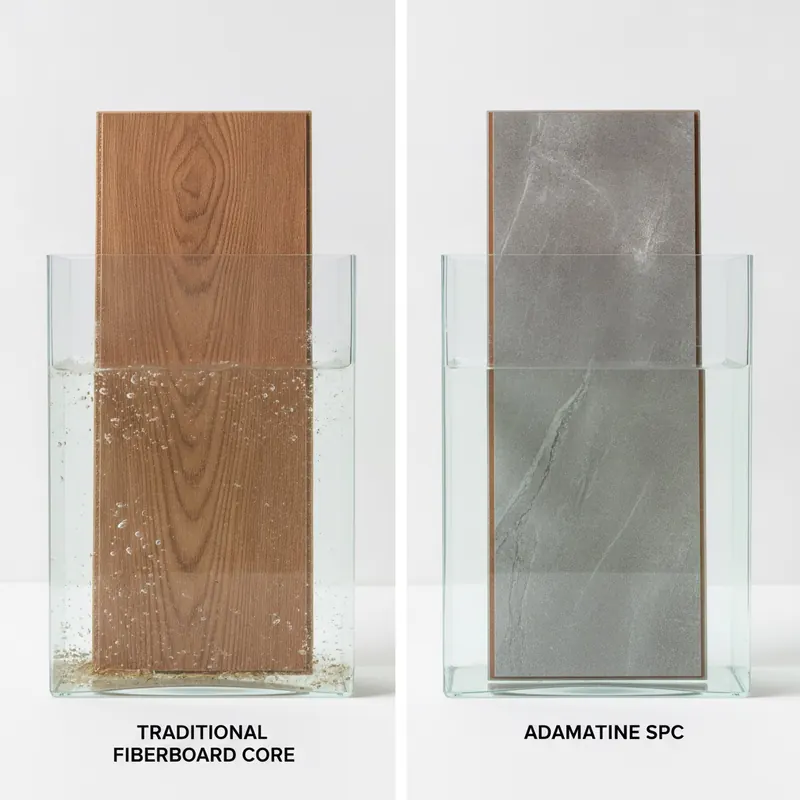 A powerful side-by-side comparison image. On the left, a piece of a traditional fiberboard-core floor plank is submerged in a clear container of water, showing it swollen, frayed, and disintegrating. On the right, a sleek piece of Adamantine SPC flooring is in an identical container, remaining perfectly straight, solid, and unaffected by the water. Style: clean studio product shot, stark contrast, educational.