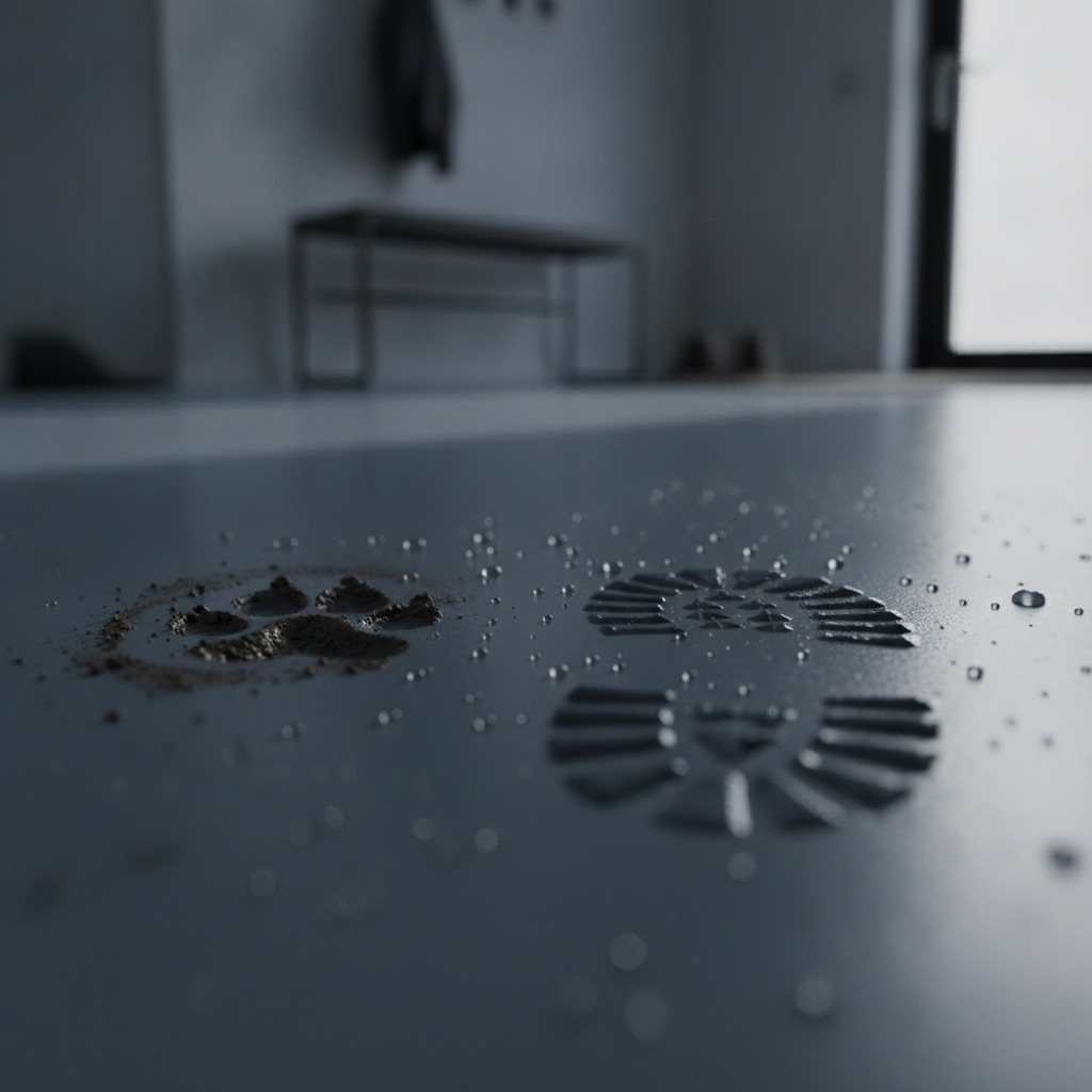 A dramatic, close-up, photorealistic shot of a muddy paw print and a child's wet boot print on a beautiful Adamantine floor in an entryway. The water is beading up on the surface, clearly demonstrating the floor's 100% waterproof quality and its ability to handle the mess of daily life in a mudroom or entryway. The lighting is focused on the prints and the water beads to emphasize the protective quality. Style: macro photography, dramatic lighting, realistic.