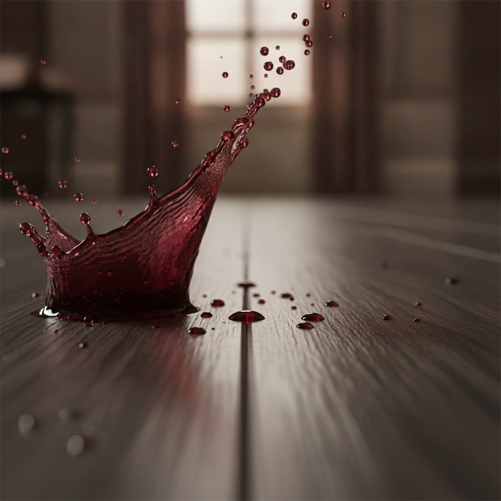 Macro photo of red wine beading up on the surface and seam of a waterproof Adamantine floor plank, demonstrating its spill protection.