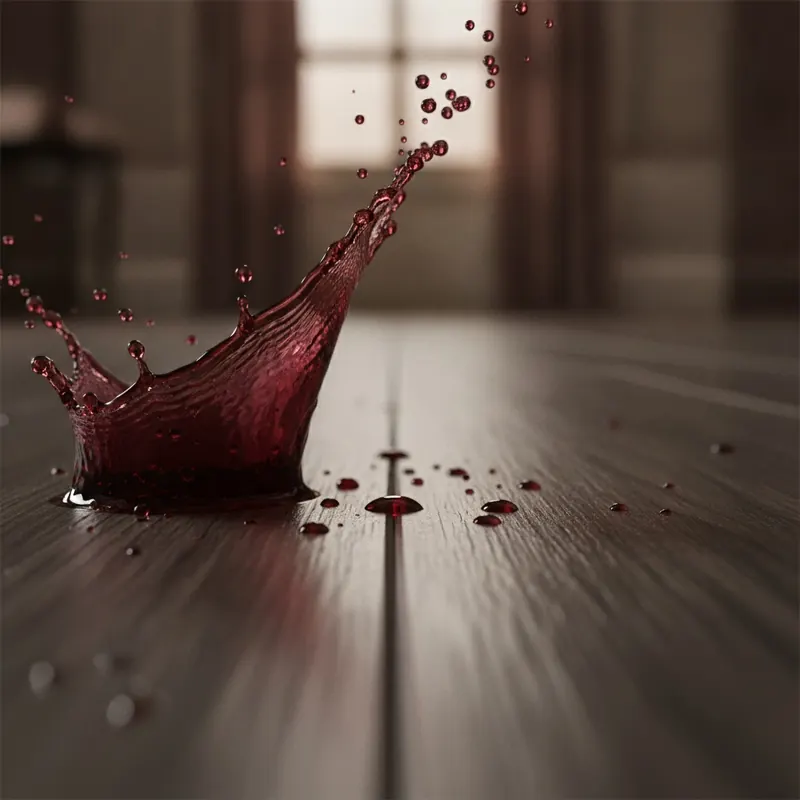 Macro photo of red wine beading up on the surface and seam of a waterproof Adamantine floor plank, demonstrating its spill protection.