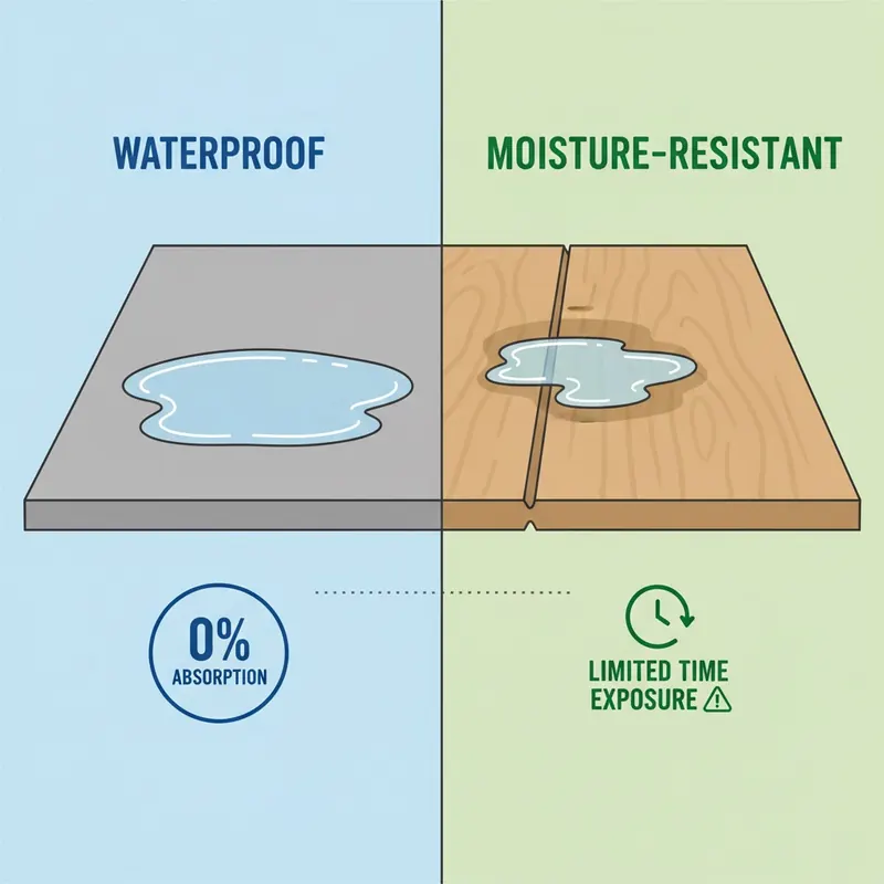 An infographic-style illustration contrasting 'Waterproof' and 'Moisture-Resistant' flooring. On the 'Waterproof' side, show a seamless, rigid core (like SPC or tile) with a pool of water sitting on it, not penetrating, perhaps with a '0% absorption' icon. On the 'Moisture-Resistant' side, show a laminate plank with water starting to seep into the seams after a period, indicated by a small clock icon and a 'limited time' warning. Use a clean, modern, flat design with clear visual cues.