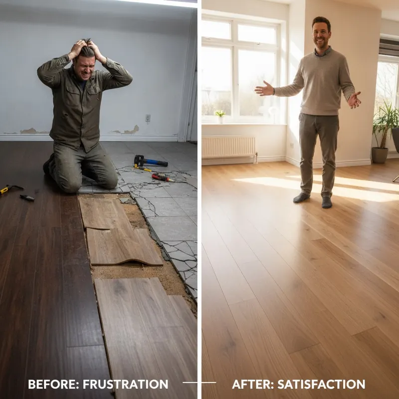 A split-image concept. The left side shows a homeowner looking frustrated at a floor with common failures: cupped hardwood, peeling vinyl planks, and cracked grout, under harsh, dim lighting. The right side shows the same homeowner smiling in a bright, beautifully lit room with a perfect, newly installed floor, highlighting the positive outcome of making an informed choice. Style: Photorealistic, strong emotional contrast, before-and-after storytelling.