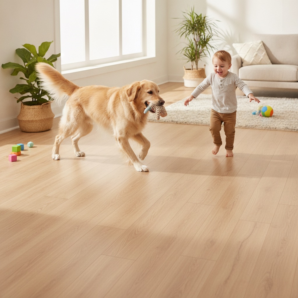 A happy golden retriever and a young child play on a clean, durable luxury vinyl plank floor in a sunny room, demonstrating its resilience.