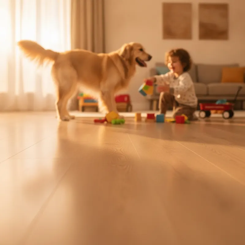 A warm, low-angle photo of a pristine modern floor with a happy dog and a child playing in the background, demonstrating the floor's durability.