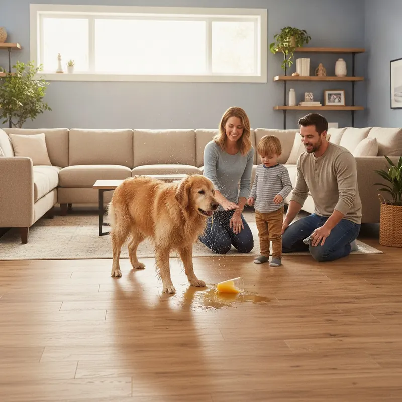 A family living worry-free in a modern room with Adamantine flooring, undeterred by a dog shaking water and a spilled drink.