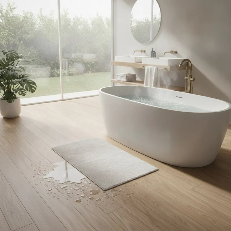A bright, aspirational, photorealistic image of a beautiful modern bathroom. The floor features Adamantine's realistic wood-look SPC planks. Water droplets from a nearby freestanding tub are beaded up on the floor's surface, showcasing its waterproof quality in a high-moisture, real-world setting. The scene is clean, luxurious, and conveys peace of mind.
