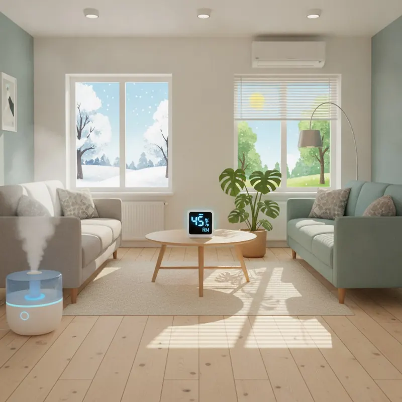 An illustration of a living room showing a humidifier for winter and drawn blinds for summer, with a hygrometer displaying a stable 45% relative humidity.