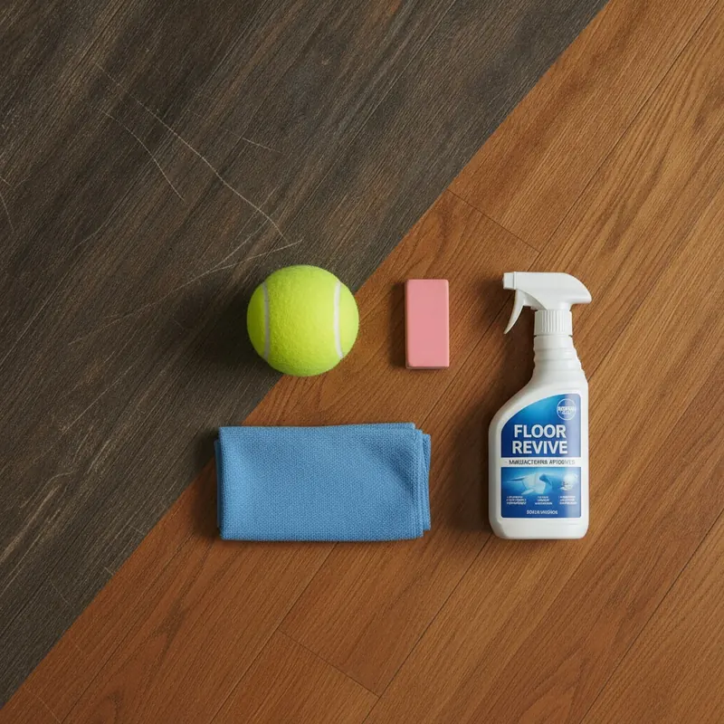 A clean, flat-lay composition showing a 'restoration toolkit' on a floor that is half scuffed and half pristine. The toolkit includes a clean tennis ball, a pink pencil eraser, a microfiber cloth, and a bottle of manufacturer-approved floor cleaner, all neatly arranged on the restored side. The image conveys a sense of easy, effective DIY repair. Style: bright, minimalist, top-down view, organized and satisfying.