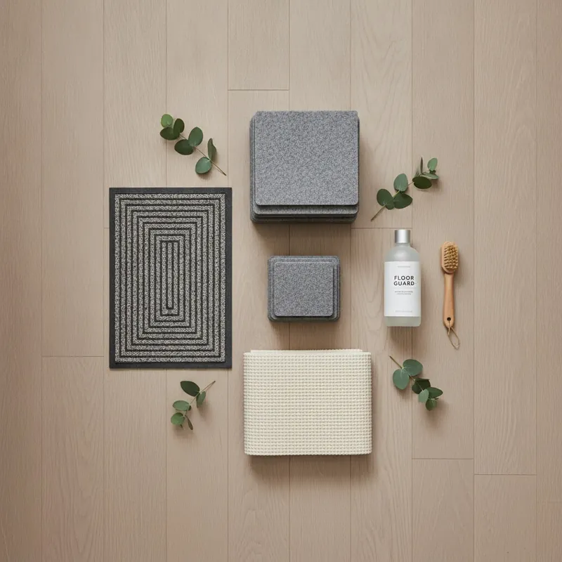 A clean, organized flat lay composition of a 'floor protection toolkit' on a beautiful, durable floor. The toolkit includes thick felt furniture pads, a stylish doormat, a bottle of enzymatic cleaner, and a high-quality rug pad. The arrangement is neat and visually pleasing, suggesting proactive care.