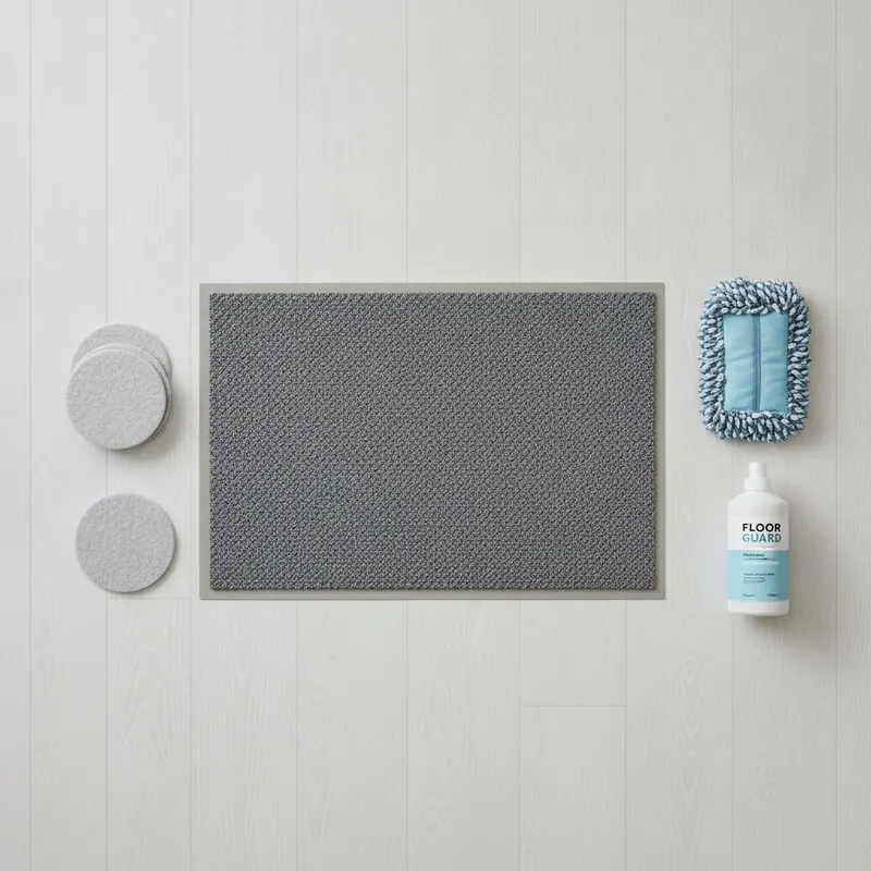 A flat-lay photograph of floor protection items: felt furniture pads, an entryway doormat, and a bottle of pH-neutral cleaner with a microfiber mop head.
