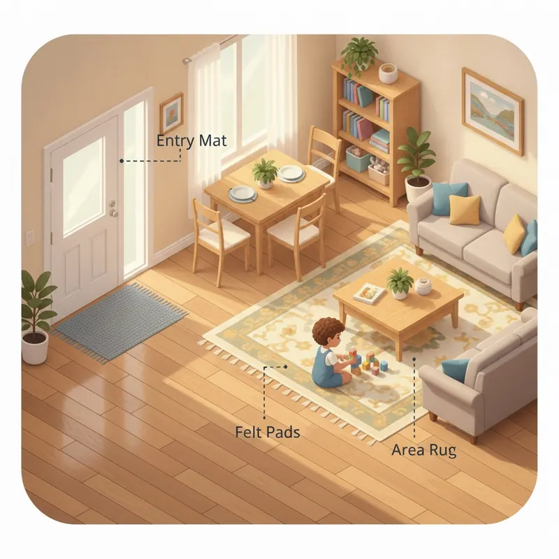 Isometric illustration showing floor protection strategies: an entry mat, felt pads on chair legs, and an area rug in a play area.