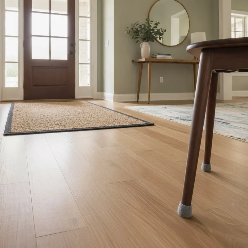A stylish home entryway showing a doormat, an area rug, and a chair leg with a felt pad, illustrating key floor protection methods.