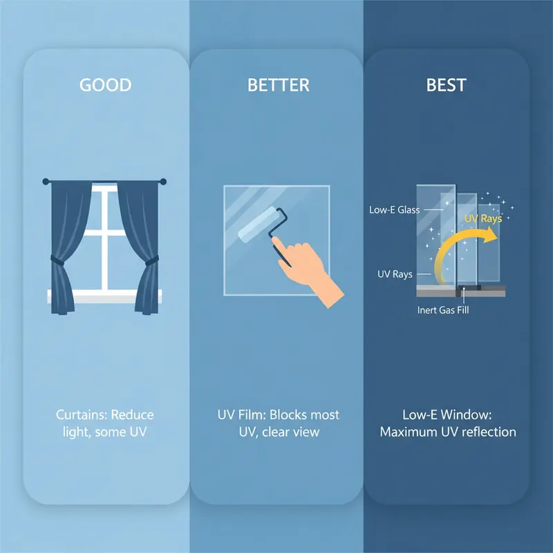 Infographic illustrating three tiers of UV defense for floors: 'Good' shows curtains, 'Better' shows UV-blocking window film, and 'Best' shows a Low-E window reflecting UV rays.