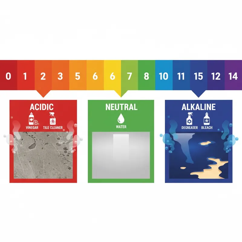 A clear, vibrant infographic-style illustration of the pH scale (0-14). On the acidic side (0-4), show icons for cleaning products like vinegar and tile cleaner with visual effects of etching or dulling on a floor sample (e.g., natural stone or concrete). On the alkaline side (10-14), show icons for degreasers and bleach with effects like discoloration or peeling on another floor sample (e.g., vinyl or epoxy). The neutral zone (7) should show a clean, undamaged floor.