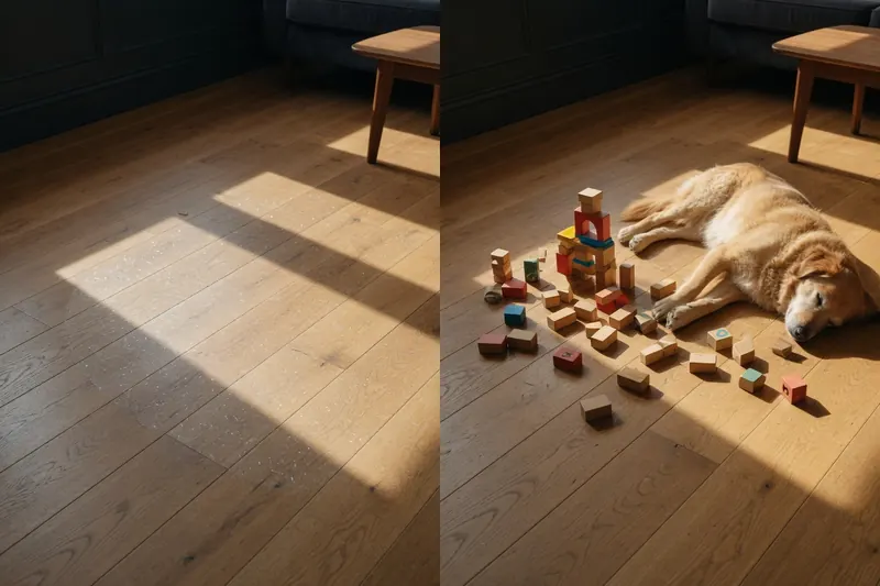 A sunlit oak floor five years on, still glowing, with a dog asleep among scattered blocks