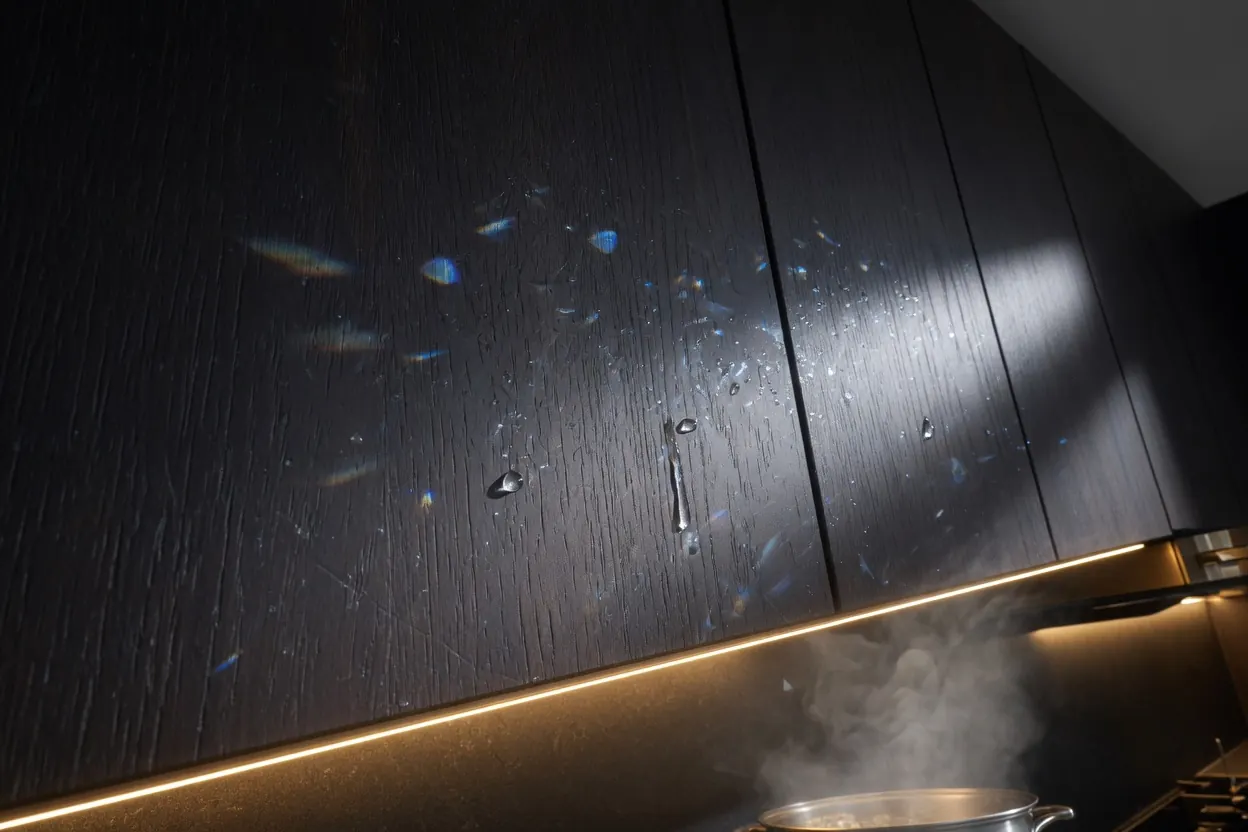 Kitchen steam drifting past dark cabinet doors with a crystalline shimmer bonded to the wood