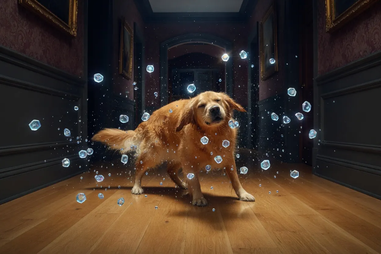 A golden retriever shaking off water that turns to harmless beads above a dry oak floor