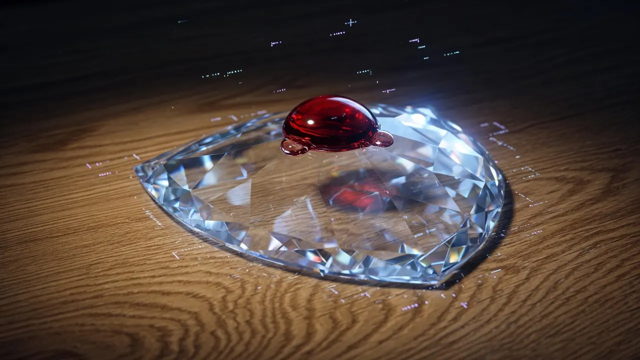 A splash of red wine beading on the invisible crystalline shield hovering above oak wood