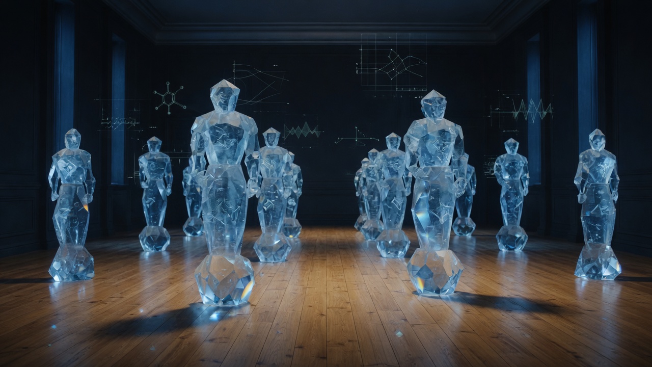 Translucent crystalline guardian figures standing watch over a hardwood floor at night