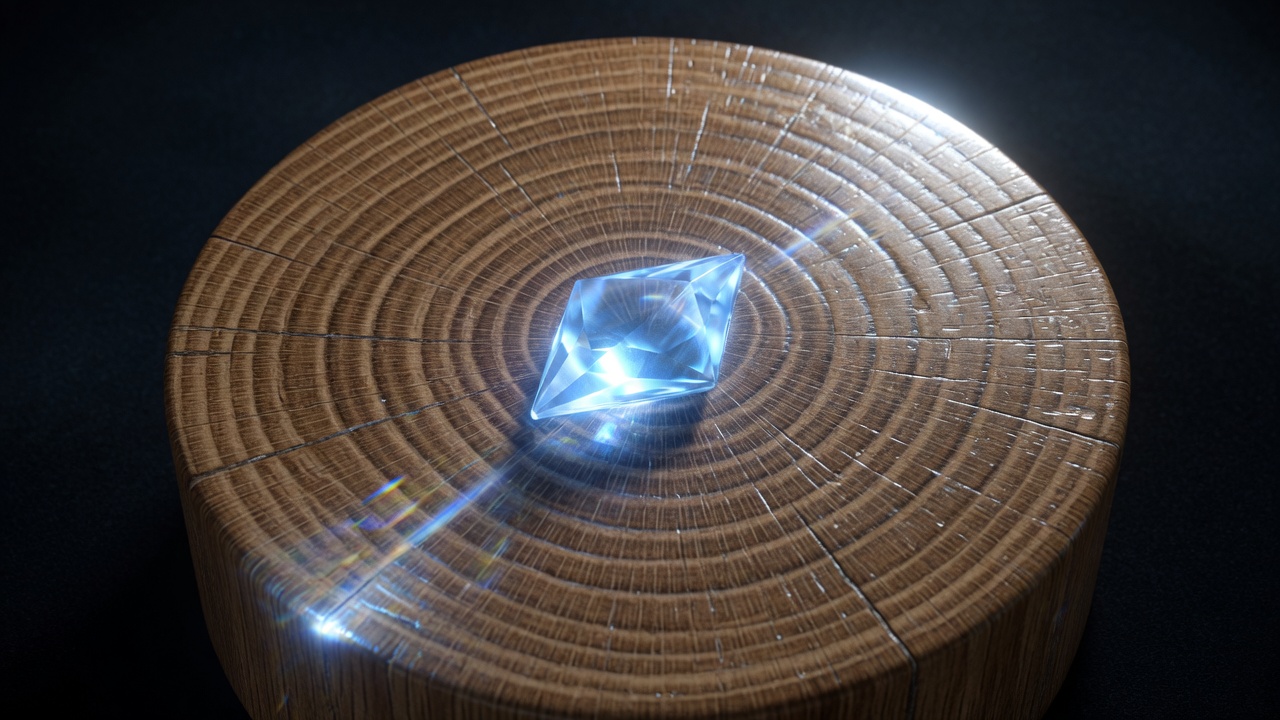 A glowing diamond emblem embedded in the end grain of an oak plank — the Powered by Adamantine mark