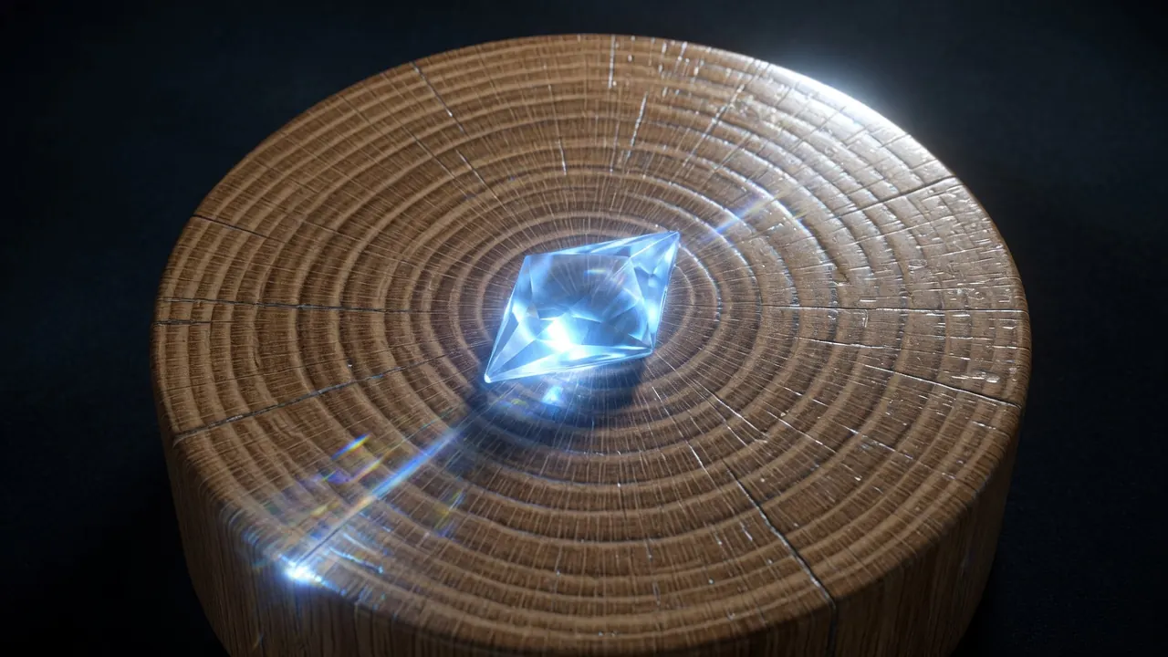A glowing diamond emblem embedded in the end grain of an oak plank — the Powered by Adamantine mark