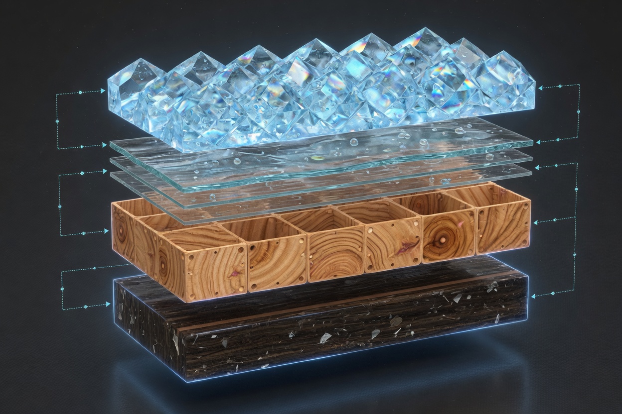 Exploded render of a protected plank: crystalline Adamantine matrix over seal coats, wood cells, and a waterproof core