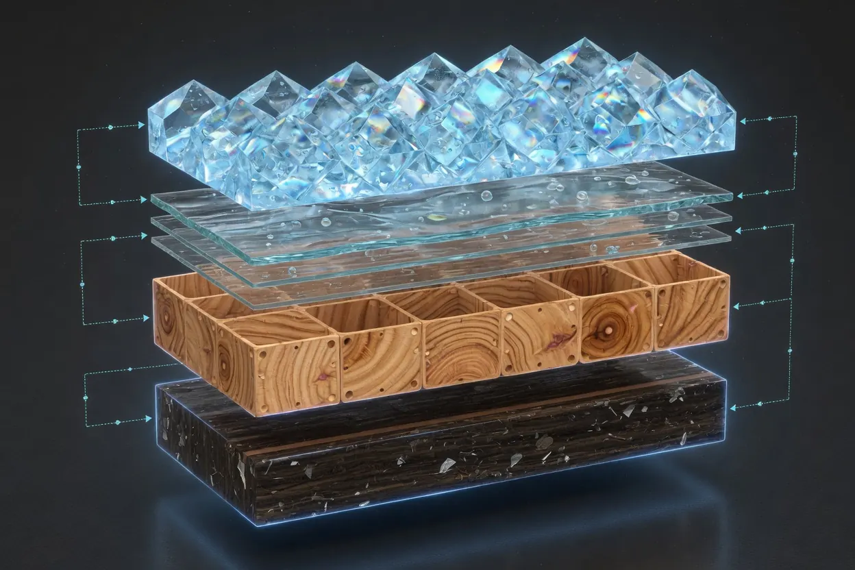 Exploded render of a protected plank: crystalline Adamantine matrix over seal coats, wood cells, and a waterproof core