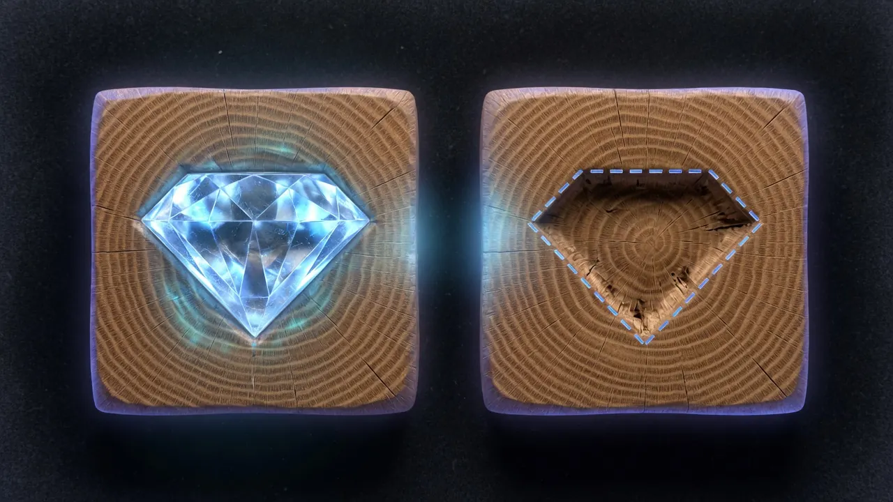 A glowing diamond maker's mark in one oak plank, and an empty diamond-shaped slot in the next — waiting for your brand