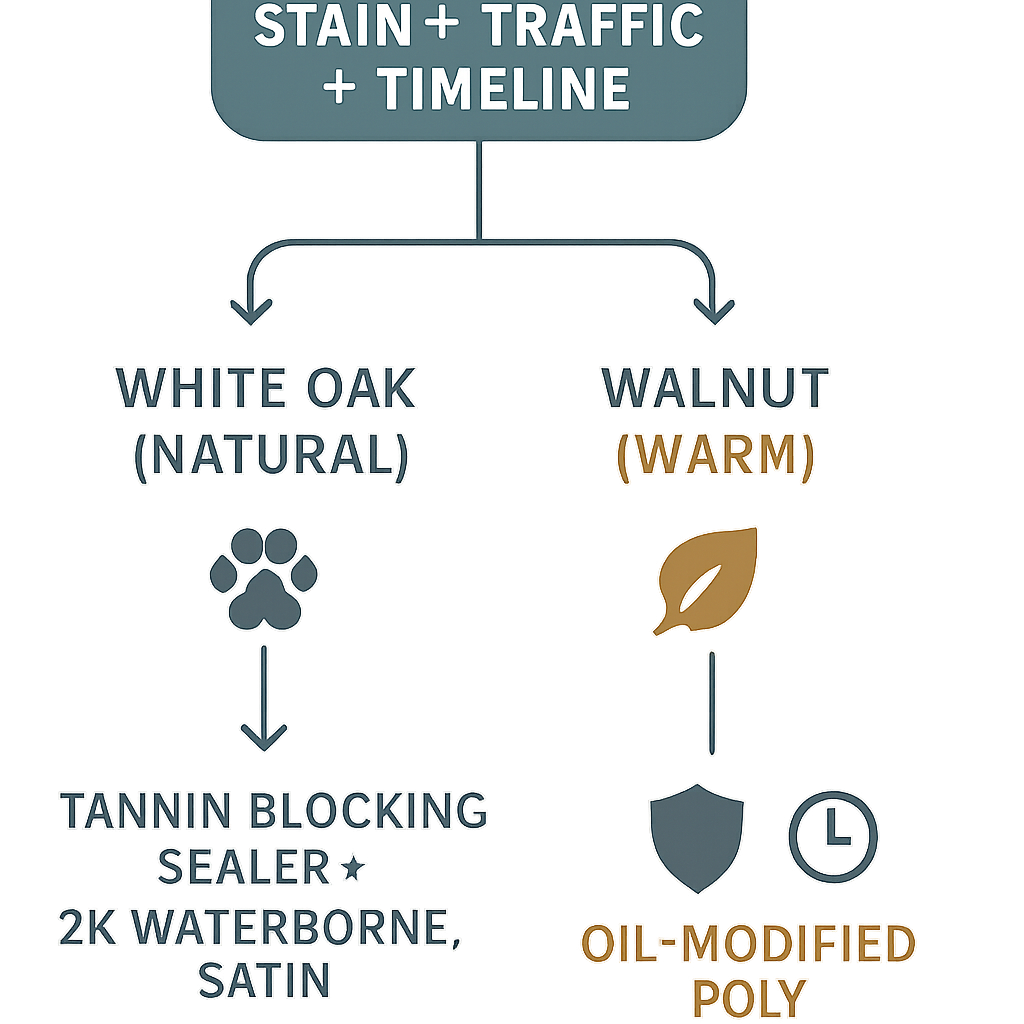 Decision tree for choosing a polyurethane floor system by species, stain, traffic, and timeline, mapping to sealer + topcoat recommendations.