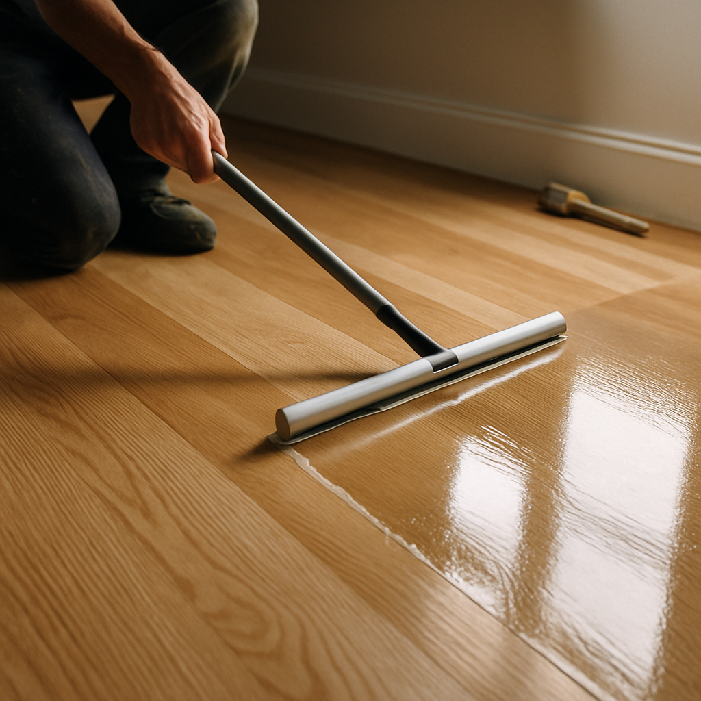 Professional pulling a smooth wet edge with a T‑bar applicator on a white oak floor; even, bubble‑free polyurethane coat with cut‑in along the wall.