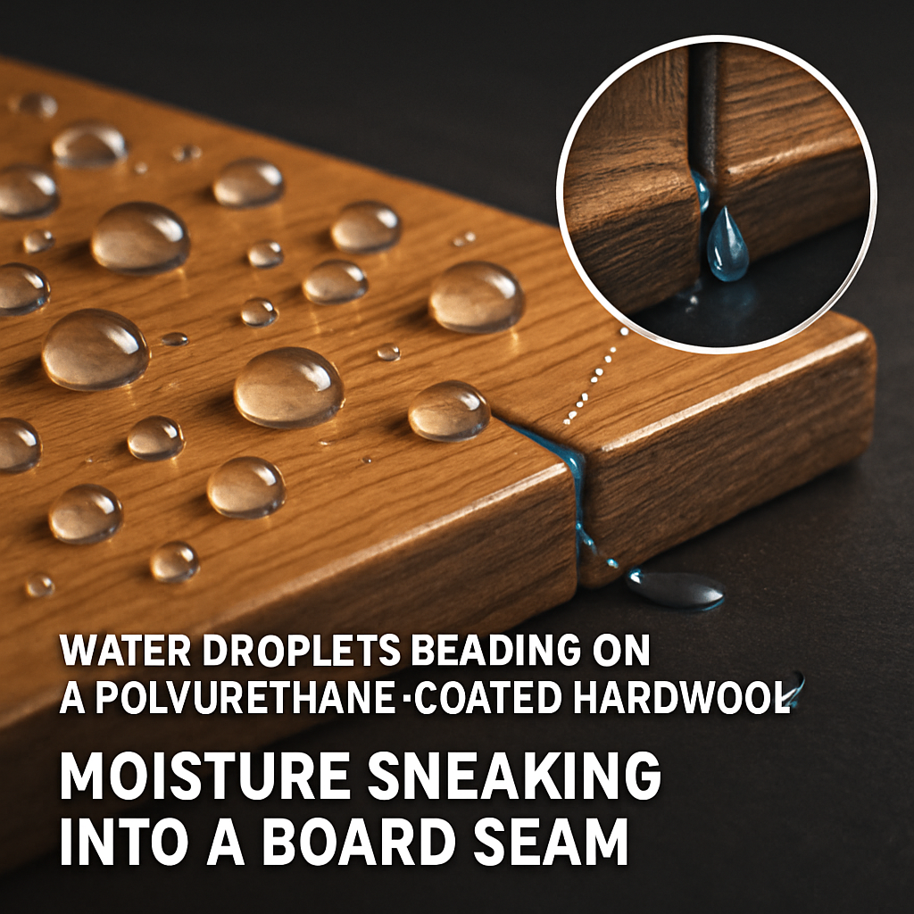 Water droplets beading on a polyurethane‑coated hardwood plank while moisture seeps at a board seam—illustrating water‑resistant, not waterproof.