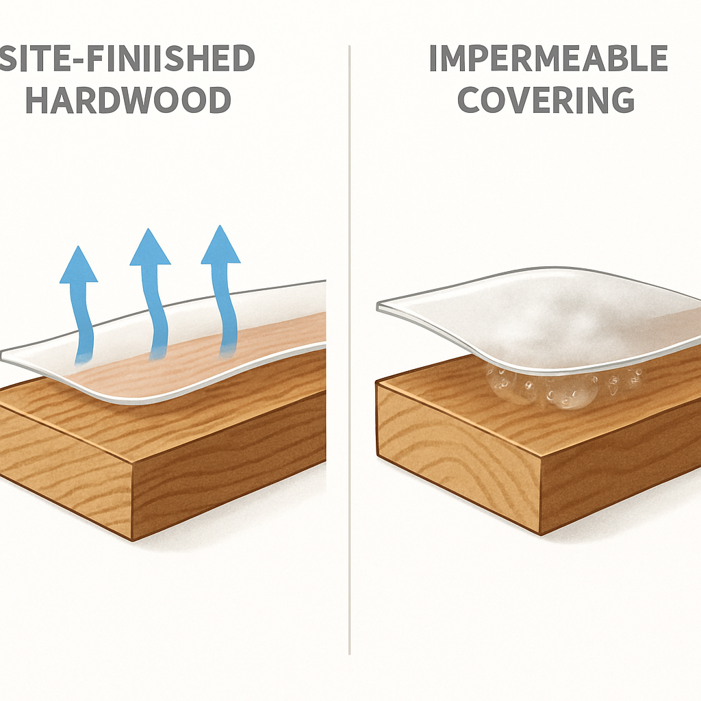 Split-panel cross-section: breathable protection allows vapor through curing hardwood; impermeable covering traps moisture and causes whitening.