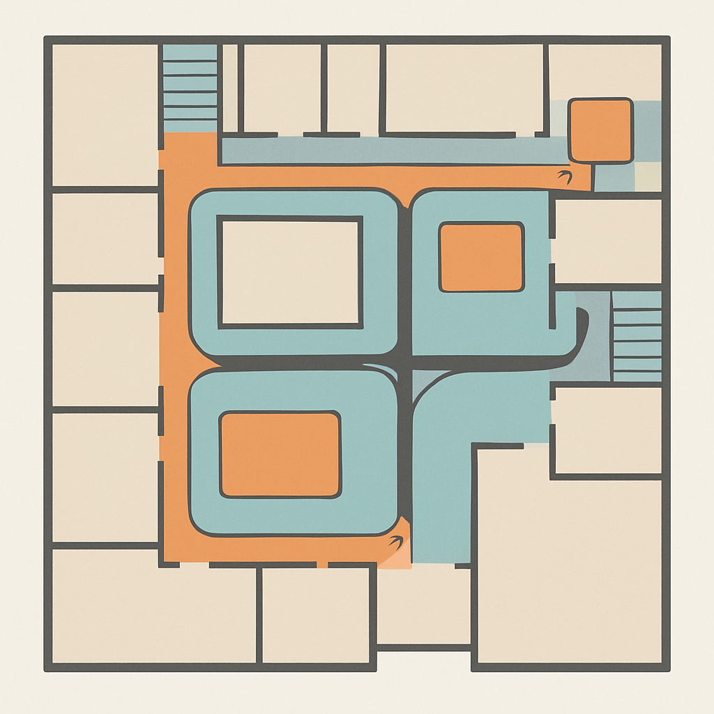 Top-down plan showing protected corridors, stairs, and staging areas with reinforced load paths and sealed seams.