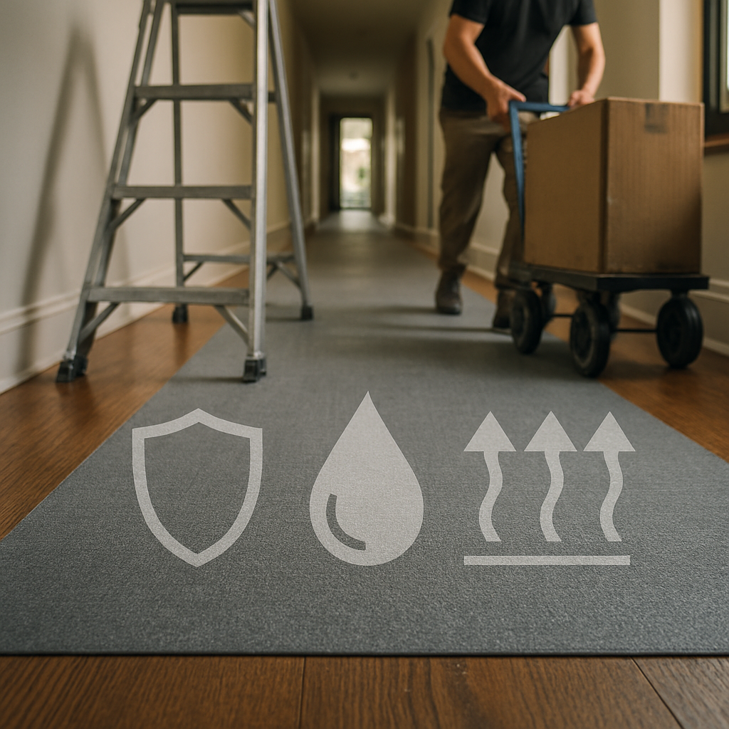 Protected hardwood corridor with rugged floor protection as a worker wheels a loaded cart past a ladder; cues to durability, chemical holdout, and breathability.